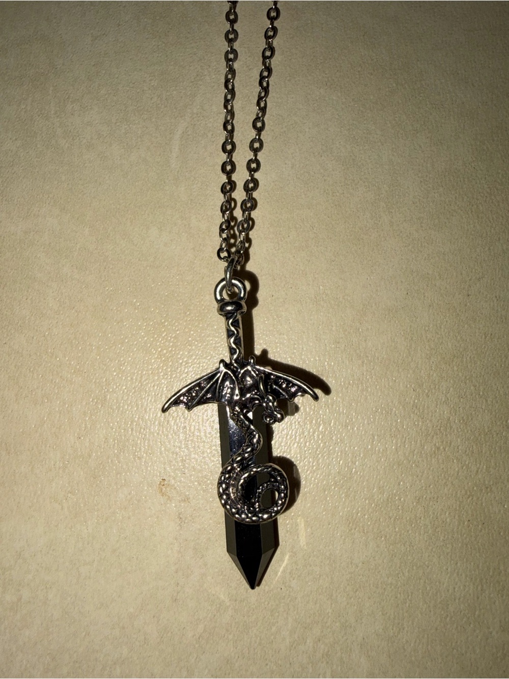 Hot Topic Silver Dragon Pendant Necklace with Black Crystal